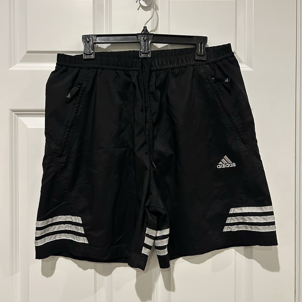 Vtg 90s Adidas Nylon Windbreaker Shorts Black Mens L Shiny Warm Up Flag Tag Run